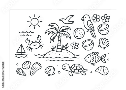 Beach scene with palm tree, animals, and seashells under sun