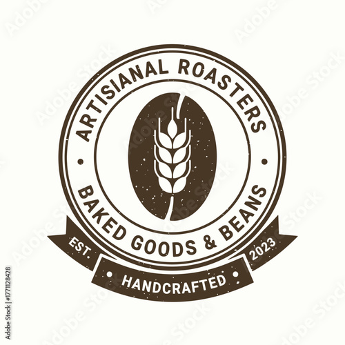 Vintage circular seal featuring stylized wheat and coffee bean. It reads 'Artisanal Roasters,' and 'Baked Goods & Beans.'