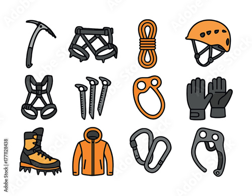 Essential mountaineering gear: ice axe, crampons, rope, helmet, harness, jacket, carabiners