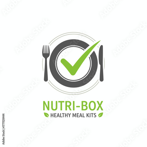 A stylized logo with a plate, checkmark, fork, and knife, with text suggesting healthy meals