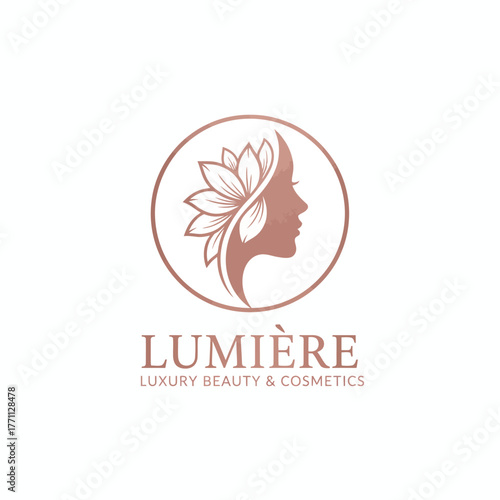 A beauty logo features a woman's profile, a floral element, and a circular outline