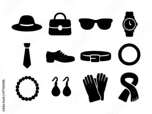 Silhouette icons of fashion accessories: hat, bag, sunglasses, watch, tie, shoe, belt, ring, necklace, earrings, gloves, scarf