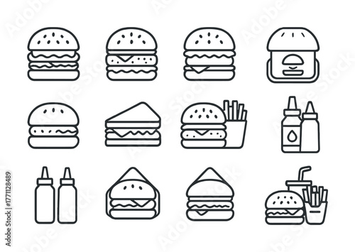 Line art icons of burgers sandwiches fries and condiments in minimalist style
