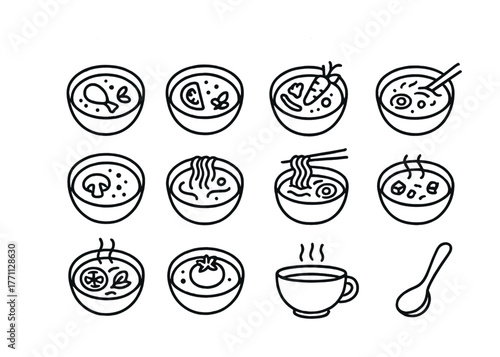 Assorted bowl of soups with ingredients and chopsticks in black and white doodle style