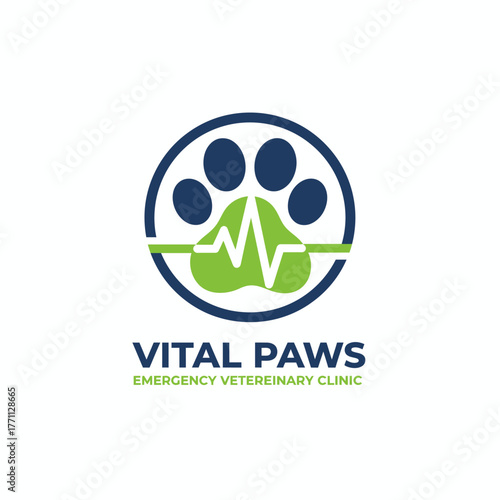 Veterinary logo, a paw print design with a heartbeat line within. It has an encircling outline