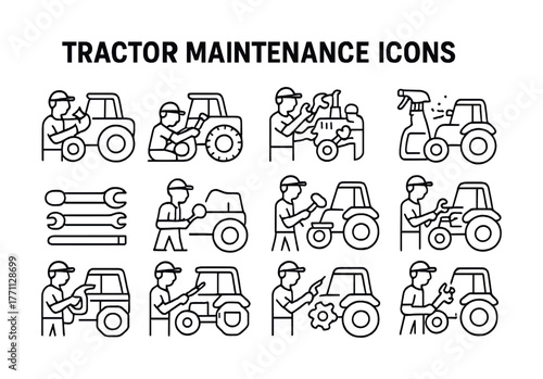 Tractor maintenance icons set: tools, repair, inspection, worker actions illustrated