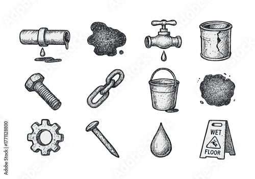Hand-drawn industrial icons: pipe leak, spilled oil, faucet, paint can, bolt, chain, bucket, gear, nail, water drop, wet floor sign