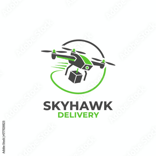 Modern logo featuring a drone carrying a package, enclosed in a green curved line, and text below