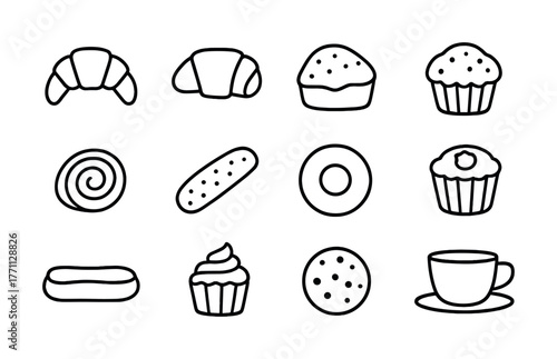 Assorted pastry and drink icons: croissant, muffin, cookie, donut, cupcake, coffee