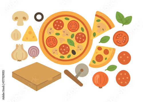 Colorful pizza ingredients and slices with box and cutter on white background