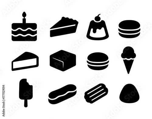 Silhouette icons of various desserts including cake, pie, ice cream, and macaron