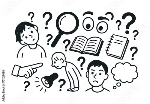 Hand-drawn doodles of curiosity and confusion with question marks and symbols