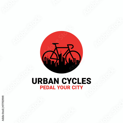 A stylized bicycle silhouette over a cityscape backdrop within a red circular shape, with text below