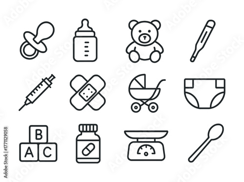 Baby essentials icons set: pacifier, bottle, teddy bear, thermometer, syringe, bandage