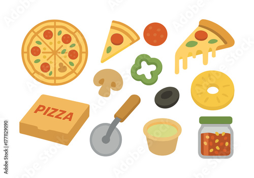 Pizza ingredients and toppings with slices and pizza cutter