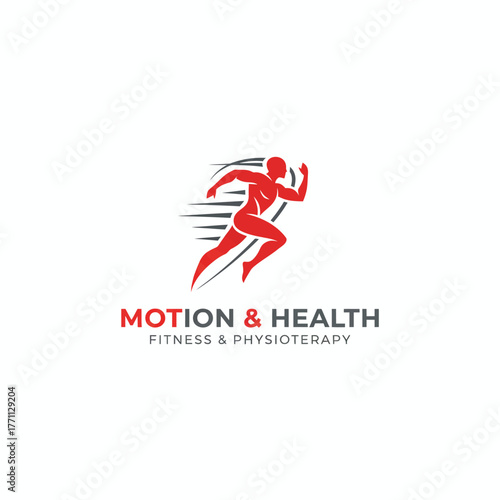 A red silhouette of a runner with motion lines and text emphasizing fitness and physiotherapy