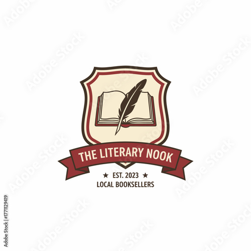 A vintage-style emblem of a book and feather, atop a banner. The logo appears to be for a bookstore