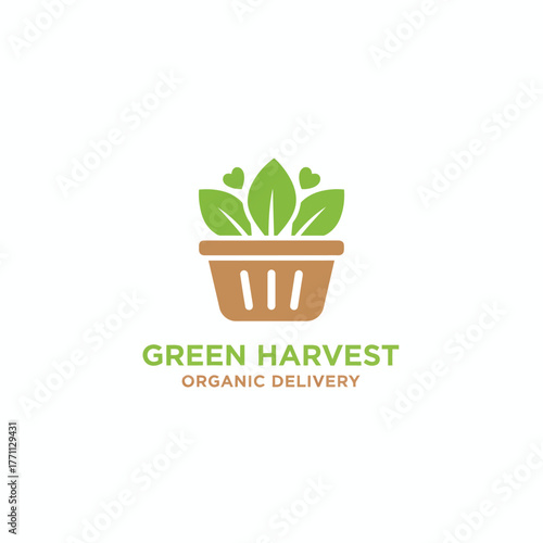 A logo of a basket filled with leaves and hearts, the text "Green Harvest" and "Organic Delivery