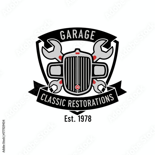 A vintage car radiator logo, framed by wrenches and banners, with text "Garage" and "Classic Restorations.