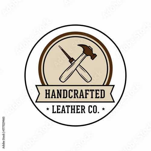 A circular logo featuring crossed tools, text, and stars, enclosed in a ringed design on a white background