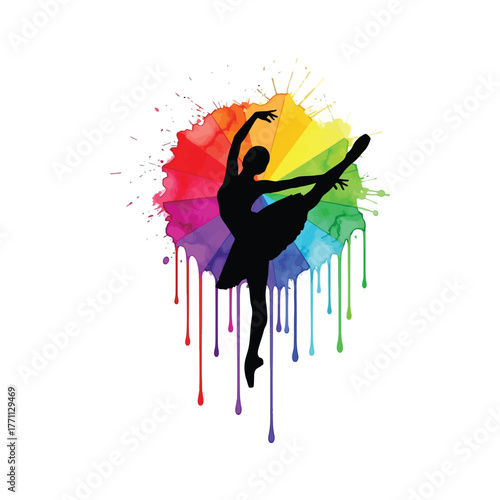 Ballerina Silhouette with Rainbow Splatter dance dancer color art artistic movement performance grace elegance ballet pose illustration