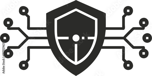 Cybersecurity shield with network connection points for robust digital protection, ideal for technology, business, and security marketing designs