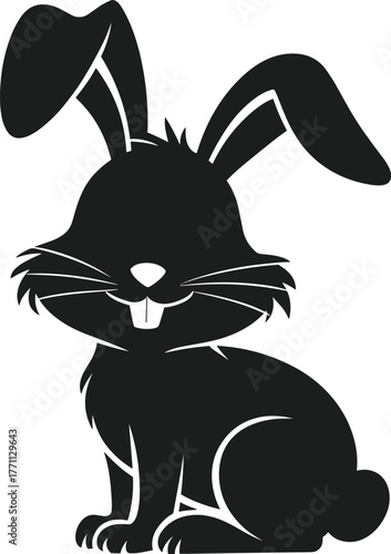 Black silhouette of a cartoon rabbit with long ears and buck teeth sitting