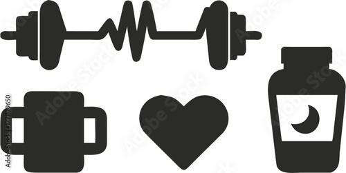 Empower your fitness journey with essential icons showing health, strength, love, and recovery for a balanced lifestyle and wellness goals