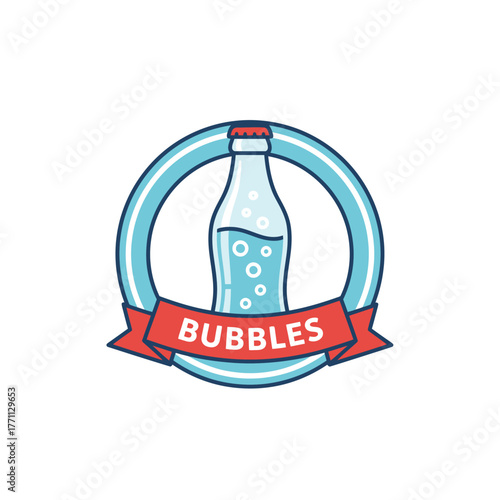 A stylized cartoon illustration of a soda bottle with bubbles inside, label reading "bubbles