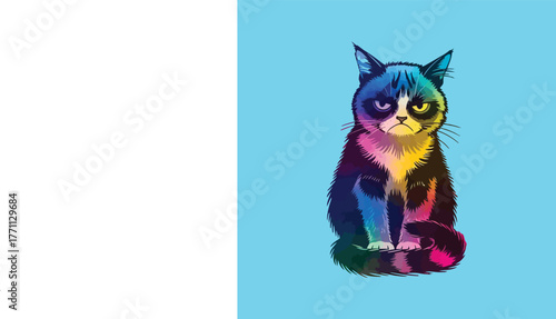 Colorful Grumpy Cat Illustration on Blue Background animal domestic pet feline portrait sitting displeased expression fur cartoon