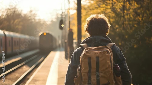 Young traveler waits at the train station during golden hour with a backpack and nature surrounding