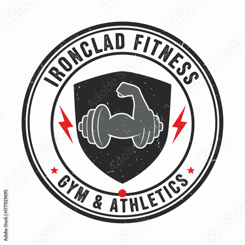 Circular emblem with weight, flexing arm, and text elements. Stars and lightning bolts flank the central image