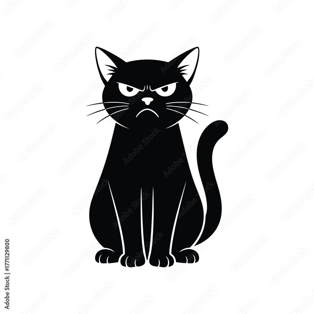 Fototapeta premium Grumpy Black Cat Illustration angry feline pet animal vector domestic sitting isolated white background cartoon character design