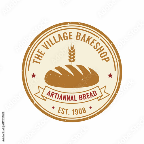 A circular logo with text and imagery, depicting a loaf of bread and wheat sprig. Features a retro style