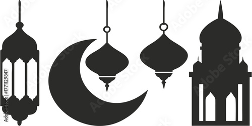 Elegant crescent moon and lantern silhouettes evoke Ramadan's spirit, perfect for greeting cards, festive banners, or modern Muslim community event posters