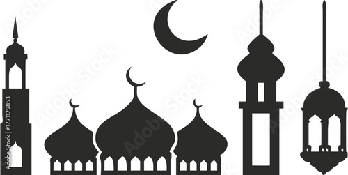Elegant crescent moon and mosque minaret silhouette design for Islamic celebration themes like Ramadan or Eid, great for digital cards or templates