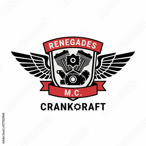 Motorcycle club logo featuring a motor, wings, and text on red banners