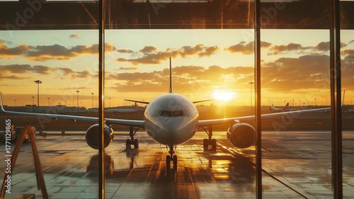 Airplane parked at terminal with sunset view over airport runway in evening sky