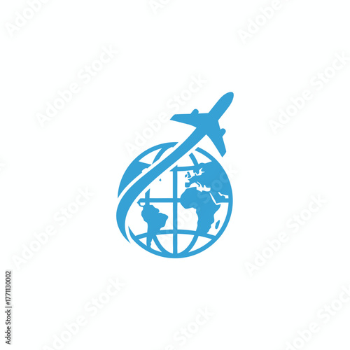 A blue airplane flying around a blue globe, depicting international travel and global connectivity