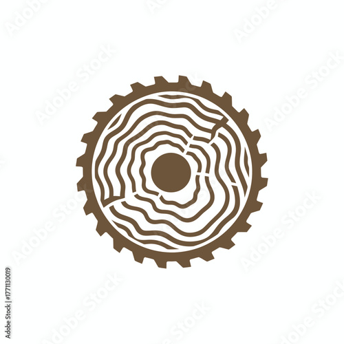 A cogwheel design, incorporating a tree-ring pattern in the center, symbolizing growth and industry