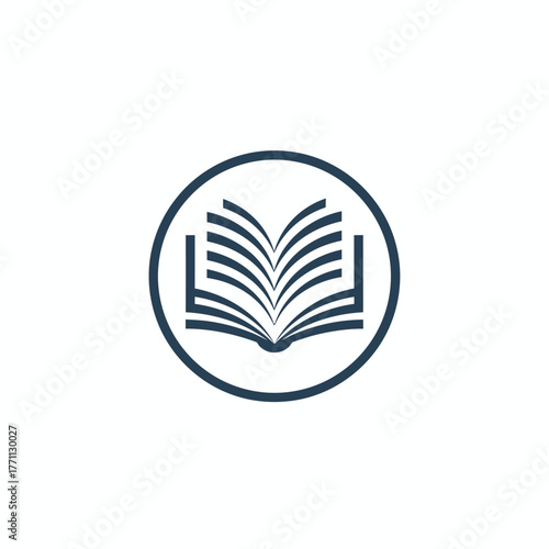 A simple, circular emblem of an open book, rendered in dark blue, with pages visible