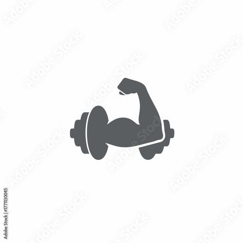 A grayscale illustration of a weight and flexed bicep, suggesting strength