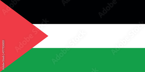 The flag of Palestine, featuring three equal horizontal stripes of black, white, and green, with a red triangle at the hoist.