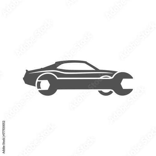 Gray stylized car illustration incorporating a wrench, conveying auto repair