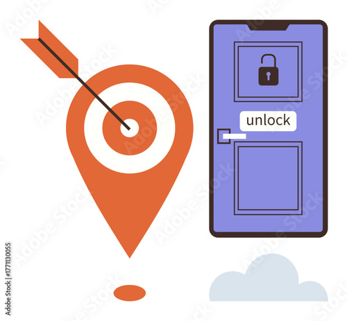 Red map pin with target and arrow alongside a locked purple door with unlock text, hinting at access and achievement. Ideal for navigation, goals, success, security, opportunity, problem-solving