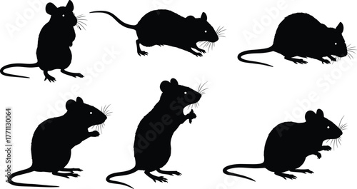 Silhouette mice in standing, crouching, jumping, expressive poses—black and white vector illustration for wildlife, rodent behavior, nature concept