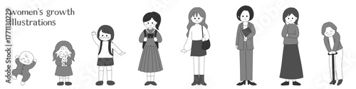 女性の誕生から高齢期までの成長を描いた人物イラストセット　グレー　白黒