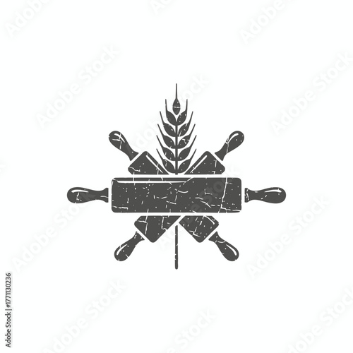 Rustic emblem with rolling pins, wheat, and distressed texture, evoking baking and artisanal food