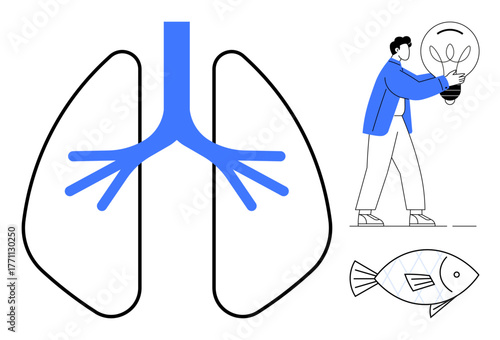 Simplified lung diagram, person holding lightbulb, and fish emphasizing health, innovation, ecology, environment, marine life, sustainability science. Ideal for medical climate change renewable