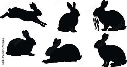 Silhouette rabbits in leaping, sitting, feeding, resting poses—black and white vector illustration for wildlife, nature, forest animal concept